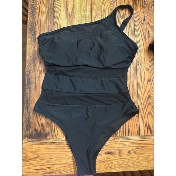 Blooming Jelly Black Sheer Panels One Shoulder Slimming One Piece Swimsuit XL - Picture 1 of 4